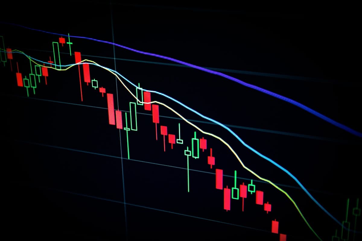 Grafico de bolsa mostrando caida pronunciada con velas rojas representando el crash del sector legal tech
