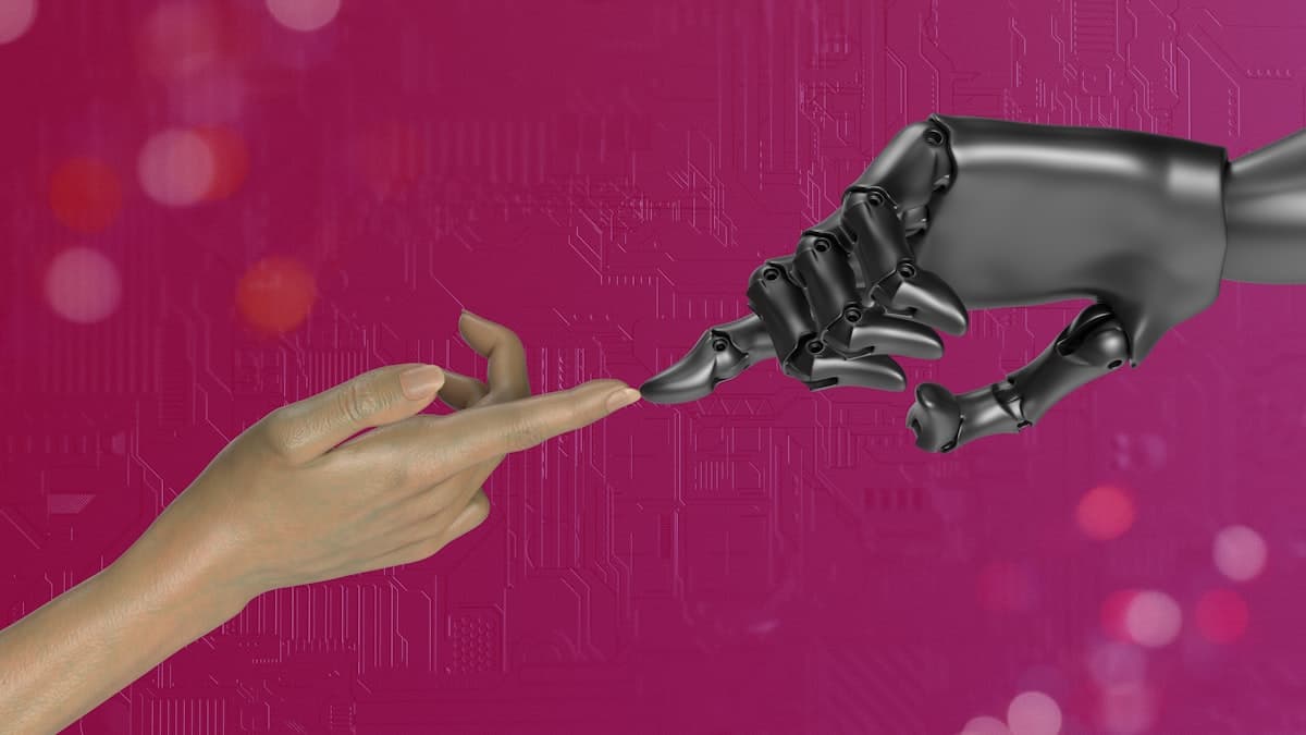 Robotic hand and human hand shaking, symbolizing AI agents hiring humans for physical tasks